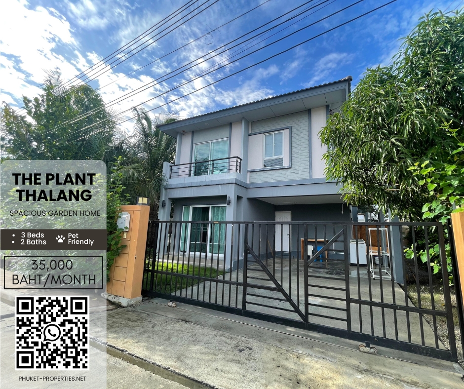 Spacious pet-friendly house for rent in The Plant Thalang, with 3 bedrooms, 2 bathrooms, garden.